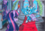Size: 888x630 | Tagged: safe, artist:shadowingartist, idw, imported from derpibooru, cosmos (character), princess ember, trixie, twilight sparkle, alicorn, pony, unicorn, alicornified, alternate universe, angry, cape, clothes, coronation, cosmos, dress, grin, race swap, scenery, smiling, spread wings, stained glass, traditional art, trixiecorn, unicorn twilight, wings