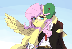 Size: 2900x1970 | Tagged: safe, artist:vultraz, fluttershy, oc, oc:anon, pegasus, pony, blushing, drawthread, hug, license, license to thrill, nervous, simple background, smiling, spread wings, sweat, uncomfortable, winghug, wings