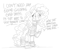 Size: 1200x1006 | Tagged: safe, artist:flutterthrash, fluttershy, pegasus, pony, black and white, choker, clothes, dialogue, female, grayscale, leg warmers, mare, monochrome, shirt, solo, spiked choker, t-shirt, wristband