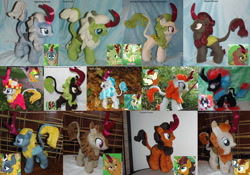 Size: 900x630 | Tagged: safe, imported from derpibooru, autumn blaze, cinder glow, fall flower, fern flare, forest fall, maple brown, pumpkin smoke, rain shine, sparkling brook, spring glow, summer flare, winter flame, kirin, nirik, irl, photo, plushie