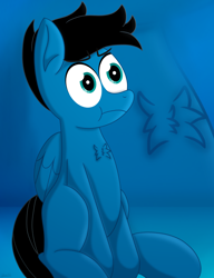 Size: 5156x6720 | Tagged: safe, artist:agkandphotomaker2000, imported from derpibooru, oc, oc:pony video maker, pegasus, pony, :t, black mane, black tail, blue coat, chest fluff, close-up, folded wings, male, raised head, shrunken pupils, simple background, sitting, small chest fluff, stallion, unamused, wings