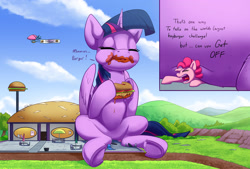 Size: 2500x1692 | Tagged: safe, artist:tsitra360, imported from derpibooru, imported from ponybooru, pinkie pie, twilight sparkle, alicorn, earth pony, pony, airship, banner, blimp, burger, commission, dialogue, eating, eyes closed, female, food, giant pony, giant twilight sparkle, hay burger, herbivore, macro, mare, open mouth, restaurant, simpsons did it, sitting, sitting on, sitting on person, sitting on pony, twilight burgkle, twilight sparkle (alicorn), underhoof, yelling