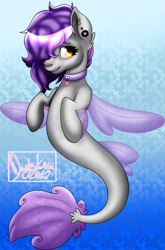 Size: 1911x2887 | Tagged: safe, artist:causticfiredrake, imported from derpibooru, oc, oc only, pegasus, pony, seapony (g4), blue background, clothes, deviantart watermark, dorsal fin, fin wings, fish tail, jewelry, logo, necklace, obtrusive watermark, seaponified, see-through, simple background, smiling, solo, species swap, tail, underwater, watermark, wings, yellow eyes