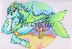 Size: 1280x872 | Tagged: safe, artist:neoncito, imported from derpibooru, oc, oc only, fish, seahorse, seapony (g4), blue eyes, coral, crown, dorsal fin, female, fin wings, fins, fish tail, flowing mane, flowing tail, jewelry, logo, necklace, ocean, pearl, regalia, seashell, seaweed, smiling, solo, swimming, tail, underwater, water, watermark, wings