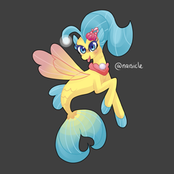 Size: 2449x2449 | Tagged: safe, artist:ofruittango, imported from derpibooru, princess skystar, seapony (g4), my little pony: the movie, bioluminescent, blue eyes, blue mane, blushing, clothes, dorsal fin, female, fin wings, fins, fish tail, flower, flower in hair, flowing mane, flowing tail, freckles, gray background, jewelry, necklace, pearl necklace, see-through, simple background, solo, tail, tongue out, wings