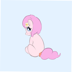 Size: 2495x2494 | Tagged: safe, artist:parfait, imported from derpibooru, oc, oc only, oc:kayla, earth pony, pony, adorable face, cute, female, filly, flower, flower in hair, happy, looking at you, looking back, scrunchie, simple background, sitting, solo, solo female