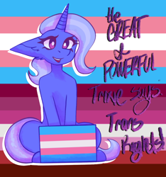 Size: 658x702 | Tagged: safe, artist:raya, imported from derpibooru, trixie, pony, unicorn, female, gender headcanon, headcanon, lesbian pride flag, lgbt headcanon, mouthpiece, pride, pride flag, sexuality headcanon, sitting, solo, trans, trans female, trans rights, trans trixie, transgender, transgender pride flag