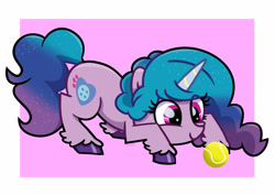 Size: 4093x2894 | Tagged: safe, artist:tokkii, imported from derpibooru, izzy moonbow, pony, unicorn, ball, crouching, female, g5, izzy's tennis ball, looking at something, photo, solo, tennis ball