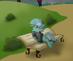 Size: 5300x4390 | Tagged: safe, artist:background basset, imported from derpibooru, lyra heartstrings, pony, unicorn, fanfic:background pony, bench, bush, clothes, depressed, dig the swell hoodie, female, hoodie, mare, park, solo, tree