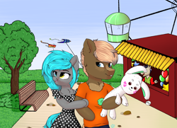 Size: 3000x2172 | Tagged: safe, artist:smelon, imported from derpibooru, oc, oc:sorajona, oc:sorajona darkwing, oc:stormfire, oc:stormfire darkwing, anthro, pegasus, pony, amusement park, background pony, balloon, blue eyes, brown fur, chest fluff, clothes, colored, couple, cute, dress, dva, grey fur, halfbody, happy, heterochromia, holding hands, love, married couple, oc x oc, plushie, scene hair, shipping, sky, smiling, tree