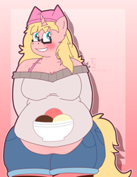 Size: 1708x2204 | Tagged: safe, alternate version, artist:icecreamjaxxie, imported from derpibooru, oc, oc only, oc:mille feuille, anthro, unguligrade anthro, unicorn, anthro oc, bbw, belly hang, chest freckles, chubby, clothes, cutie mark, cutie mark on clothes, fat, food, freckles, glasses, hands behind back, hat, ice cream, off shoulder, off shoulder sweater, sfw edit, shorts, shoulder freckles, smiling, socks, solo, striped socks, sweater, teeth