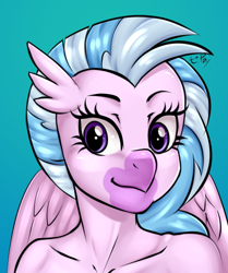 Size: 546x654 | Tagged: safe, artist:pia-sama, imported from derpibooru, silverstream, anthro, hippogriff, blue background, bust, female, looking at you, portrait, simple background, solo