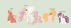 Size: 1280x504 | Tagged: safe, artist:roseloverofpastels, imported from derpibooru, big macintosh, princess celestia, oc, oc:buttercup flow, oc:sunrise apple, alicorn, earth pony, pony, unicorn, base used, celestimac, deviantart green, family, female, flower, flower in hair, green background, horn, male, offspring, parent:big macintosh, parent:princess celestia, parents:celestimac, shipping, simple background, straight, unicorn oc