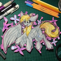 Size: 1080x1080 | Tagged: safe, alternate version, artist:moshi.poni, imported from derpibooru, derpy hooves, pegasus, pony, chest fluff, colored, ear fluff, eyelashes, female, mare, open mouth, signature, smiling, solo, traditional art, wings