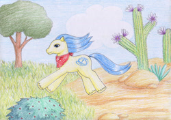 Size: 1280x901 | Tagged: safe, artist:normaleeinsane, imported from derpibooru, globe trotter (g2), pony, bush, cactus, g2, grass, neckerchief, solo, traditional art, tree, unshorn fetlocks