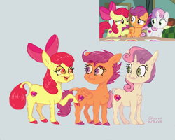 Size: 2752x2202 | Tagged: safe, artist:churoswdulc, imported from derpibooru, screencap, apple bloom, scootaloo, sweetie belle, earth pony, pegasus, pony, unicorn, apple bloom's bow, bow, colored, cute, cutie mark, cutie mark crusaders, female, fluffy, hair bow, happy, mare, screencap reference, simple background, smiling