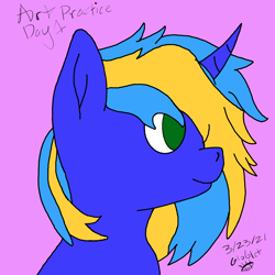 Size: 1024x1024 | Tagged: safe, artist:globlet_, imported from derpibooru, oc, oc only, oc:scribbling ink, pony, unicorn, cute, male, mane, poofy mane, practice, sideprofile, smiling, solo
