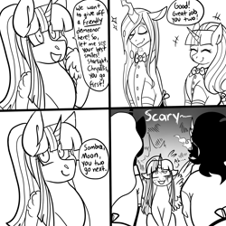 Size: 3000x3000 | Tagged: safe, artist:gingygin, imported from derpibooru, king sombra, nightmare moon, queen chrysalis, starlight glimmer, twilight sparkle, alicorn, pony, unicorn, series:villain cafe, black and white, comic, dialogue, female, grayscale, male, mare, monochrome, s5 starlight, smiling, stallion, twilight sparkle (alicorn)