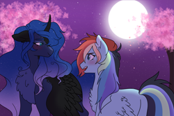 Size: 2988x2000 | Tagged: safe, artist:void-sommar, imported from derpibooru, princess luna, rainbow dash, alicorn, pegasus, pony, blushing, cherry blossoms, cherry tree, chest fluff, female, flower, flower blossom, full moon, lesbian, lunadash, mare, missing cutie mark, moon, night, shipping, tree