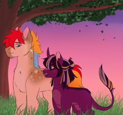 Size: 2347x2196 | Tagged: safe, artist:void-sommar, imported from derpibooru, oc, oc only, oc:hill sprint, oc:page turner, earth pony, pony, unicorn, art trade, blushing, duo, female, grass, leonine tail, magical lesbian spawn, male, mare, offspring, parent:applejack, parent:rainbow dash, parent:tempest shadow, parent:twilight sparkle, parents:appledash, parents:tempestlight, stallion, sunset, tree