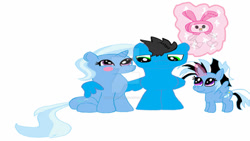 Size: 400x225 | Tagged: safe, artist:hurusaitama, imported from derpibooru, trixie, oc, oc:dixie, oc:fast freddy, alicorn, alicorn oc, blush sticker, blushing, canon x oc, deviantart watermark, family, female, horn, levitation, magic, male, obtrusive watermark, offspring, parent:oc:fast freddy, parent:trixie, parents:canon x oc, plushie, shipping, simple background, straight, telekinesis, watermark, white background, wings