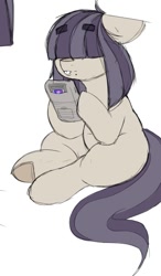 Size: 547x934 | Tagged: safe, artist:lockheart, imported from derpibooru, oc, oc only, oc:dot matrix, earth pony, pony, bucktooth, chubby, dexterous hooves, female, floppy ears, game boy, hair over one eye, mare, simple background, solo, underhoof, white background