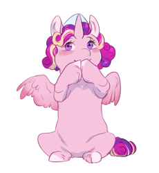 Size: 605x658 | Tagged: safe, artist:yozora122, edit, imported from derpibooru, princess cadance, alicorn, pony, blushing, cropped, cute, cutedance, female, filly, filly cadance, hooves on mouth, jewelry, simple background, sitting, solo, tiara, white background, younger