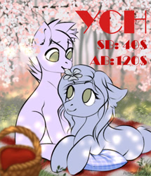 Size: 1101x1280 | Tagged: safe, artist:honeyapplecake, artist:honeyapplecake1, imported from derpibooru, earth pony, pegasus, pony, unicorn, background, cherry blossoms, commission, cute, flower, flower blossom, spring, your character here