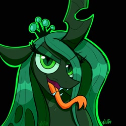 Size: 2000x2000 | Tagged: safe, artist:wutanimations, imported from derpibooru, queen chrysalis, changeling, changeling queen, black background, bust, crown, female, jewelry, lidded eyes, looking at you, regalia, simple background, smiling, solo, tongue out