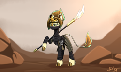 Size: 3250x1920 | Tagged: safe, artist:singovih, imported from derpibooru, oc, oc only, kirin, pony, apocalypse, armor, clothes, desert, female, horns, kenshi, looking at you, mare, mountain, naginata, shinobi, solo, weapon