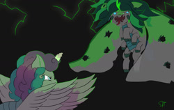 Size: 1280x809 | Tagged: safe, artist:schumette14, imported from derpibooru, princess flurry heart, oc, oc:codweb armor, alicorn, changeling, changepony, hybrid, crystal empire, fight, half-siblings, interspecies offspring, offspring, parent:princess cadance, parent:queen chrysalis, parent:shining armor, parents:shining chrysalis, parents:shiningcadance, princess, story included