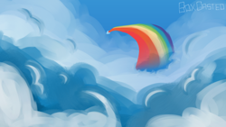 Size: 750x422 | Tagged: safe, artist:boxcasted, artist:notboxcasted, imported from derpibooru, pegasus, pony, cloud, flying, rainbow, rainbow trail, solo