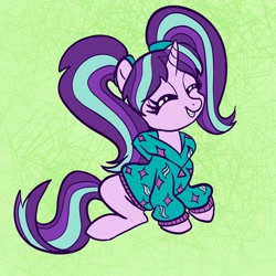Size: 2048x2048 | Tagged: safe, artist:sophillia, imported from derpibooru, starlight glimmer, pony, unicorn, abstract background, alternate hairstyle, clothes, cute, eyes closed, glimmerbetes, grin, hoodie, i can't believe it's not aria blaze, pigtails, smiling, solo