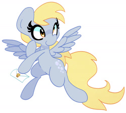 Size: 1847x1644 | Tagged: safe, artist:kindakismet, imported from derpibooru, derpy hooves, pegasus, pony, envelope, flying, letter, smiling, solo, spread wings, wings