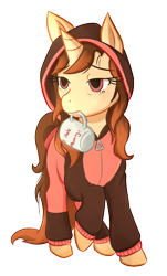 Size: 1132x1880 | Tagged: safe, artist:foxhatart, imported from derpibooru, oc, oc only, oc:autumn scribble, pony, unicorn, clothes, coffee mug, female, mare, mouth hold, mug, onesie, pajamas, simple background, solo, transparent background