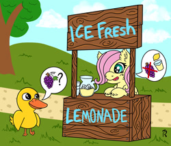 Size: 1920x1646 | Tagged: safe, artist:dawn-designs-art, imported from derpibooru, fluttershy, bird, duck, pegasus, pony, anniversary, digital art, female, filly, filly fluttershy, food, got any grapes?, grapes, juice, lemon, lemonade, lemonade stand, simple background, solo, song, song in the comments, song reference, the duck song, younger