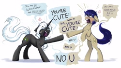 Size: 4000x2250 | Tagged: safe, artist:confetticakez, imported from derpibooru, oc, oc only, earth pony, pony, unicorn, angry, argument, bipedal, chest fluff, cross-popping veins, cute, denial's not just a river in egypt, dialogue, eye contact, floppy ears, frown, glare, glasses, hoof fluff, i'm not cute, leg fluff, looking at each other, no u, oc name needed, ocbetes, open mouth, pointing, raised hoof, rearing, shrunken pupils, simple background, speech bubble, tongue out, uvula, white background, wholesome, wide eyes