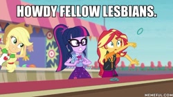 Size: 600x337 | Tagged: safe, edit, edited screencap, imported from derpibooru, screencap, applejack, sci-twi, sunset shimmer, twilight sparkle, equestria girls, equestria girls series, rollercoaster of friendship, caption, geode of empathy, geode of super strength, geode of telekinesis, image macro, magical geodes, text