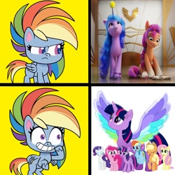 Size: 1300x1300 | Tagged: safe, edit, edited screencap, imported from derpibooru, screencap, applejack, fluttershy, izzy moonbow, pinkie pie, rainbow dash, rarity, sunny starscout, twilight sparkle, alicorn, earth pony, pegasus, pony, unicorn, my little pony: pony life, rainbow roadtrip, the best of the worst, spoiler:my little pony: a new adventure, spoiler:my little pony: a new generation, spoiler:pony life s01e02, 3d, angry, drama, female, g4 purist, g4.5, g5, g5 drama, grin, hotline bling, looking up, meme, movie accurate, my little pony: a new adventure, my little pony: a new generation, pony life, rainbow dash is not amused, smiling, teeth, twilight sparkle (alicorn), unamused, wing bling