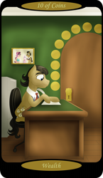 Size: 1500x2591 | Tagged: safe, artist:sixes&sevens, imported from derpibooru, part of a set, diamond tiara, filthy rich, spoiled rich, earth pony, pony, chair, desk, door, family photo, filing cabinet, male, minor arcana, office, quill, sitting, solo, tarot card, ten of coins