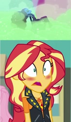 Size: 940x1608 | Tagged: safe, edit, edited screencap, imported from derpibooru, screencap, adagio dazzle, sunset shimmer, equestria girls, equestria girls series, find the magic, forgotten friendship, spoiler:eqg series (season 2), blushing, female, geode of empathy, lesbian, magical geodes, shipping, sunsagio