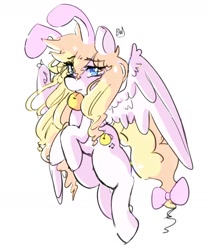 Size: 1681x2020 | Tagged: safe, artist:bluewolfiess, artist:haichiroo, imported from derpibooru, oc, oc only, pegasus, pony, bell, bell collar, bow, bunny ears, collar, crying, flying, looking at you, solo, tail bow