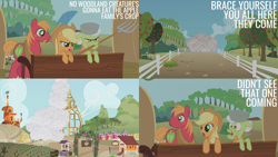 Size: 2000x1125 | Tagged: safe, edit, edited screencap, editor:quoterific, imported from derpibooru, screencap, applejack, big macintosh, granny smith, earth pony, pony, season 1, swarm of the century, applejack's hat, cowboy hat, female, floppy ears, hat, male, mare, open mouth, shocked, stallion, sweet apple acres, sweet apple acres barn, trio