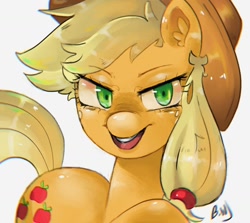 Size: 1600x1426 | Tagged: safe, artist:bluewolfiess, artist:haichiroo, imported from derpibooru, applejack, earth pony, pony, looking at you, open mouth, smiling, solo