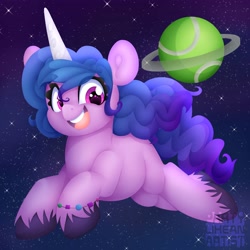 Size: 4000x4000 | Tagged: safe, artist:partylikeanartist, imported from derpibooru, izzy moonbow, pony, unicorn, spoiler:g5, ball, bracelet, cute, eye clipping through hair, eyebrows, eyebrows visible through hair, female, flying, g5, gradient mane, hooves, izzy's tennis ball, izzybetes, jewelry, lineless, mare, open mouth, planet, solo, space, stars, tennis ball, unshorn fetlocks