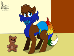 Size: 1600x1200 | Tagged: safe, artist:jay_wackal, imported from derpibooru, oc, oc only, oc:rubik, earth pony, pony, age regression, colt, cute, diaper, foal, male, original character do not steal, pacifier, teddy bear, younger