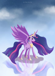 Size: 1024x1424 | Tagged: safe, artist:nnaly, imported from derpibooru, twilight sparkle, alicorn, pony, the last problem, cloud, crown, ethereal mane, female, flowing mane, flowing tail, hoof shoes, horn, jewelry, long horn, older, older twilight, peytral, princess twilight 2.0, purple eyes, reflection, regalia, signature, sky, solo, sparkles, spread wings, starry mane, twilight sparkle (alicorn), wings