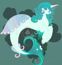 Size: 1916x1998 | Tagged: safe, artist:midnight-mocha, imported from derpibooru, oc, oc only, oc:amino, seapony (g4), blue eyes, dorsal fin, fin wings, fins, fish tail, flowing tail, green background, looking at you, seashell, simple background, smiling, solo, tail, trade, watermark, wings