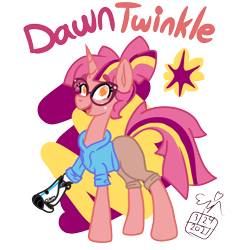 Size: 1106x1106 | Tagged: safe, artist:erenerakhard, artist:erynerikard, imported from derpibooru, oc, oc only, oc:dawn twinkle, pony, unicorn, amputee, clothes, digital art, freckles, glasses, heart eyes, hoodie, magical lesbian spawn, offspring, parent:sunset shimmer, parent:twilight sparkle, parents:sunsetsparkle, prosthetic leg, prosthetic limb, prosthetics, shorts, simple background, solo, transparent background, wingding eyes