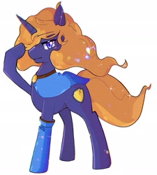 Size: 1844x2048 | Tagged: safe, artist:bluewolfiess, artist:haichiroo, imported from derpibooru, oc, oc only, pony, unicorn, cape, clothes, hair over one eye, looking at you, solo, sparkles